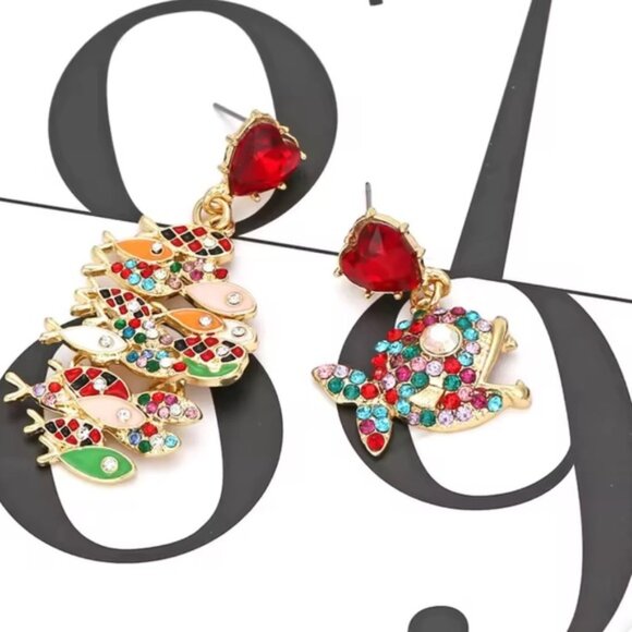 Betsy Johnson Colorful Multicolor Irregular Fish pendant Drop Heart Earrings - Picture 1 of 7